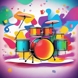 A vibrant and dynamic scene featuring a drum set with floating musical notes and small icons of various musical instruments surrounding it