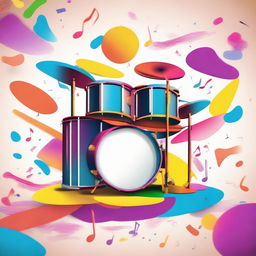 A vibrant and dynamic scene featuring a drum set with floating musical notes and small icons of various musical instruments surrounding it