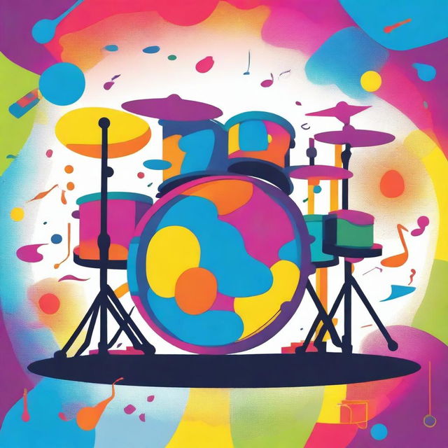 A vibrant and dynamic scene featuring a drum set with floating musical notes and small icons of various musical instruments surrounding it