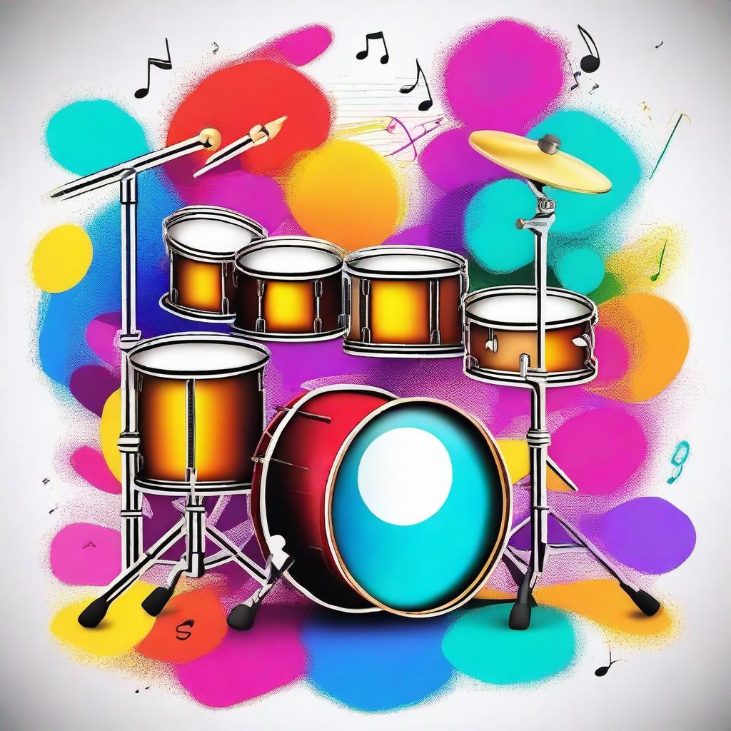 A vibrant and dynamic scene featuring a realistic drum set with floating musical notes and small realistic icons of various musical instruments surrounding it