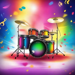 A vibrant and dynamic scene featuring a realistic drum set with floating musical notes and small realistic icons of various musical instruments surrounding it