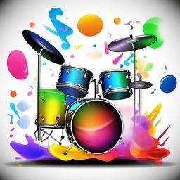 A vibrant and dynamic scene featuring a realistic drum set with floating musical notes and small realistic icons of various musical instruments surrounding it