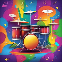 A vibrant and dynamic scene featuring a realistic drum set with floating musical notes and small realistic icons of various musical instruments surrounding it