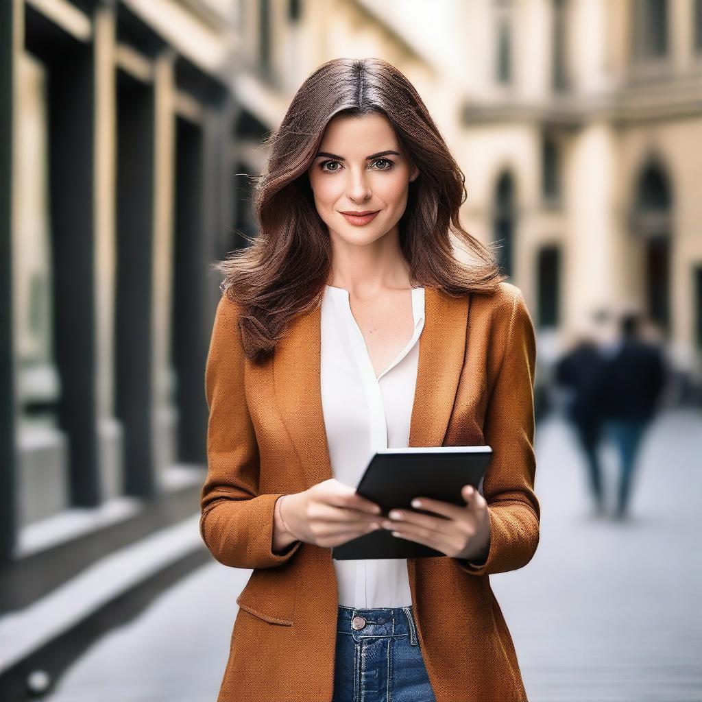 A stylish brunette woman with brown eyes and brown hair, dressed in fashionable clothing