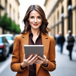 A stylish brunette woman with brown eyes and brown hair, dressed in fashionable clothing