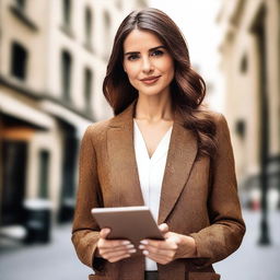 A stylish brunette woman with brown eyes and brown hair, dressed in fashionable clothing