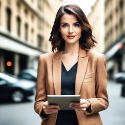 A stylish brunette woman with brown eyes and brown hair, dressed in fashionable clothing