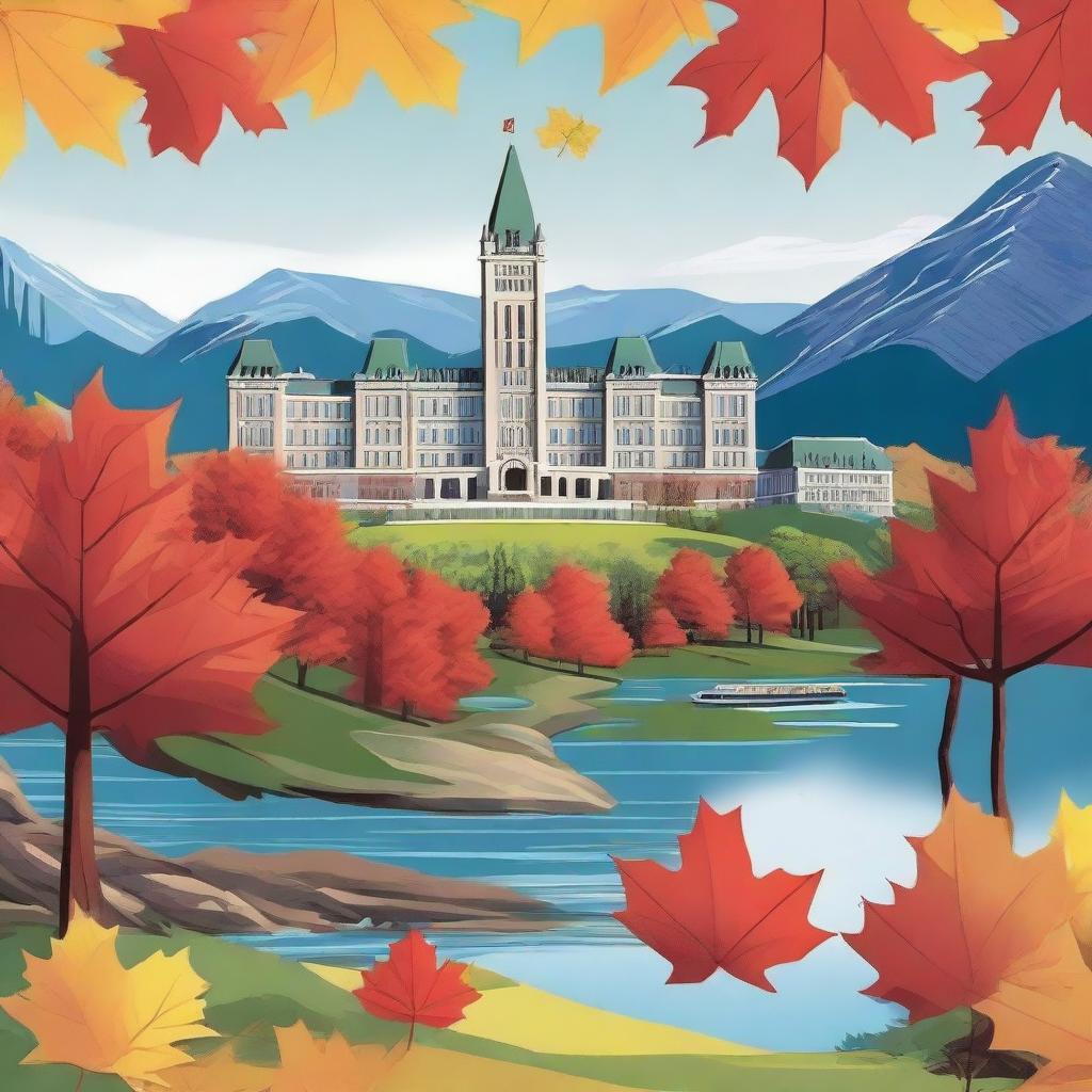 A scenic depiction of typical Canadian elements including maple leaves, government buildings, and iconic Canadian landscapes