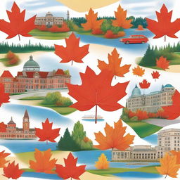 A scenic depiction of typical Canadian elements including maple leaves, government buildings, and iconic Canadian landscapes