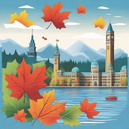 A scenic depiction of typical Canadian elements including maple leaves, government buildings, and iconic Canadian landscapes