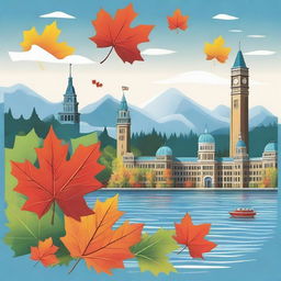 A scenic depiction of typical Canadian elements including maple leaves, government buildings, and iconic Canadian landscapes