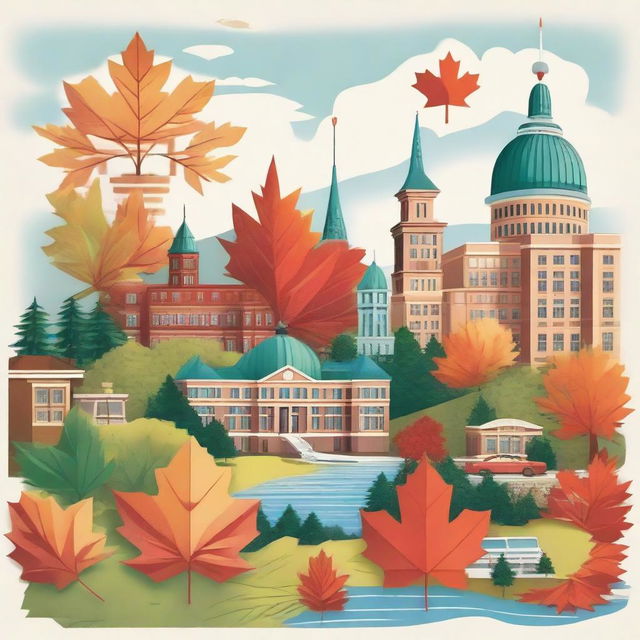 A scenic depiction of typical Canadian elements including maple leaves, government buildings, and iconic Canadian landscapes