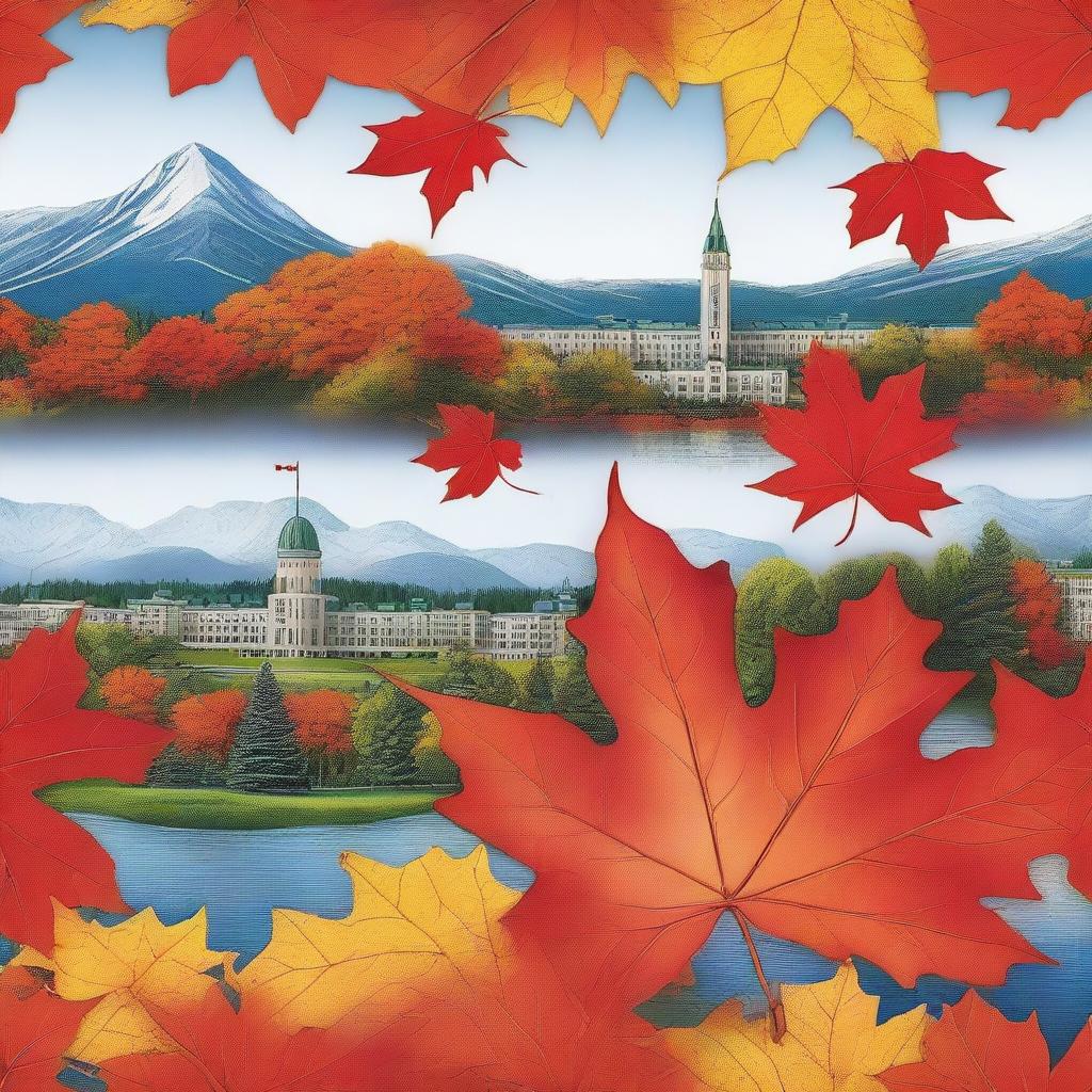 A realistic depiction of typical Canadian elements including maple leaves, government buildings, and iconic Canadian landscapes