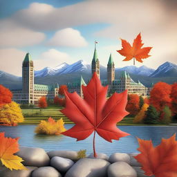 A realistic depiction of typical Canadian elements including maple leaves, government buildings, and iconic Canadian landscapes