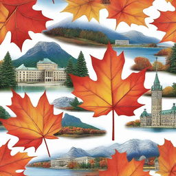 A realistic depiction of typical Canadian elements including maple leaves, government buildings, and iconic Canadian landscapes