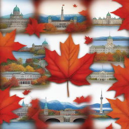 A realistic depiction of typical Canadian elements including maple leaves, government buildings, and iconic Canadian landscapes