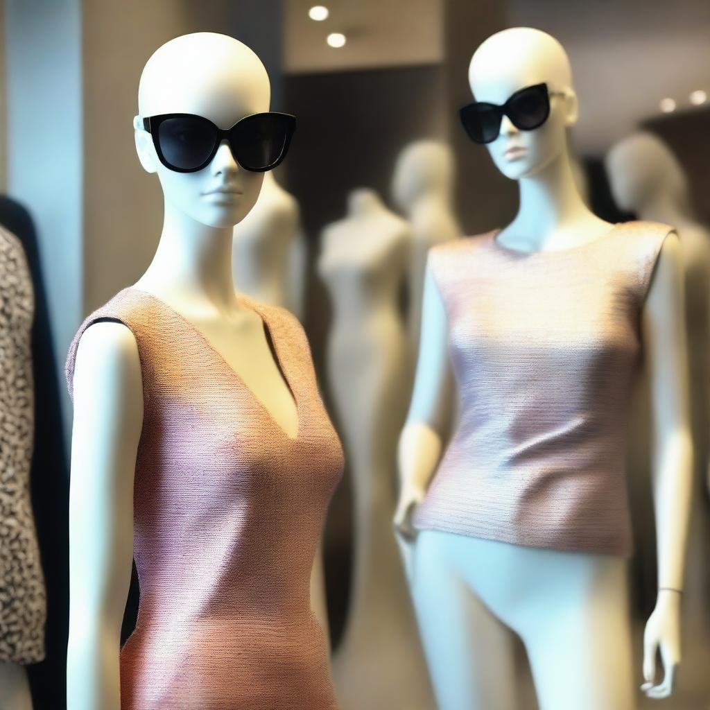 A stylish mannequin dressed in fashionable clothes, with a woman in the background of the image