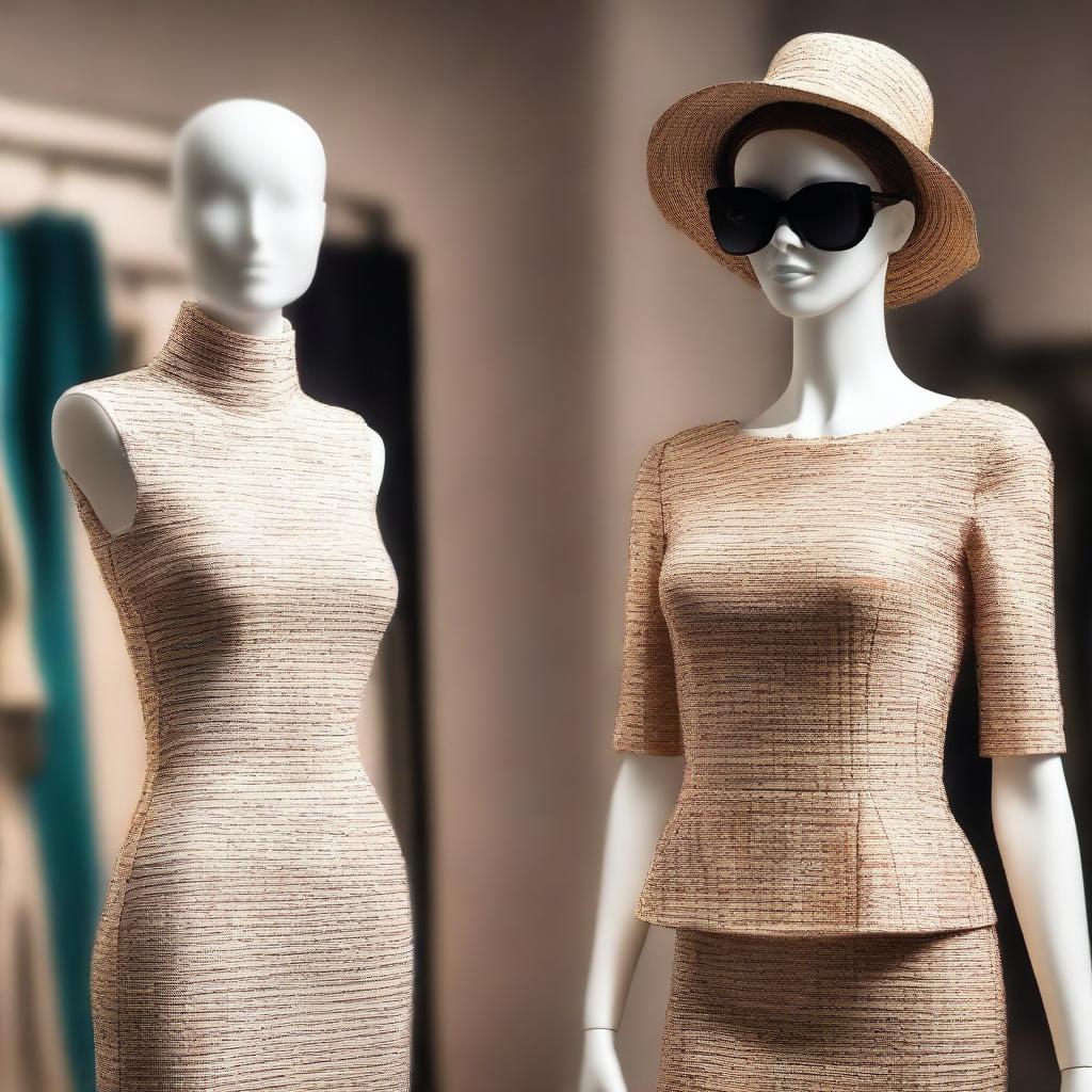 A stylish mannequin dressed in fashionable clothes, with a woman in the background of the image