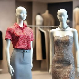 A stylish mannequin dressed in fashionable clothes, with a woman in the background of the image