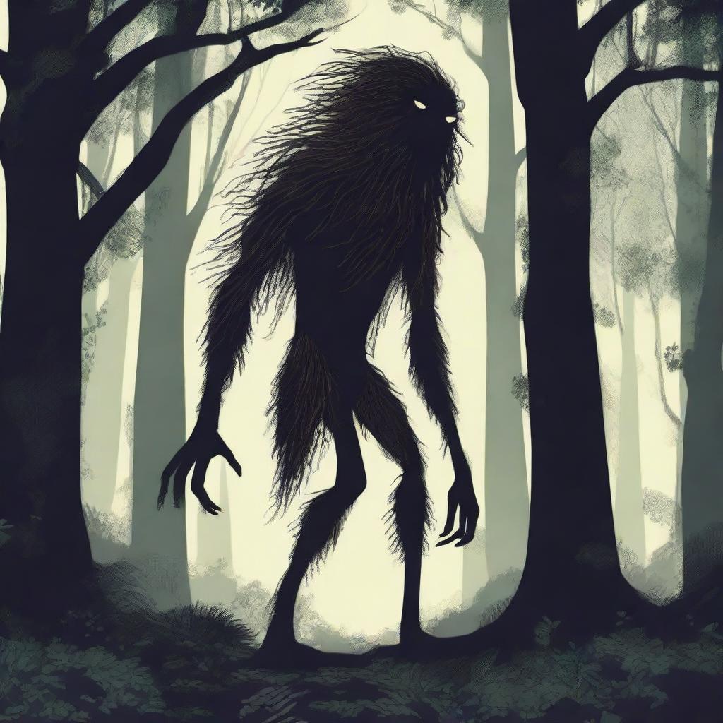 A Hidebehind, a mythical creature known for its skinny and hairy appearance, hiding behind trees in a dense forest