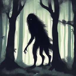 A Hidebehind, a mythical creature known for its skinny and hairy appearance, hiding behind trees in a dense forest