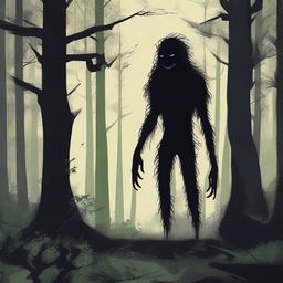 A Hidebehind, a mythical creature known for its skinny and hairy appearance, hiding behind trees in a dense forest