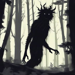 A Hidebehind, a mythical creature known for its skinny and hairy appearance, hiding behind trees in a dense forest