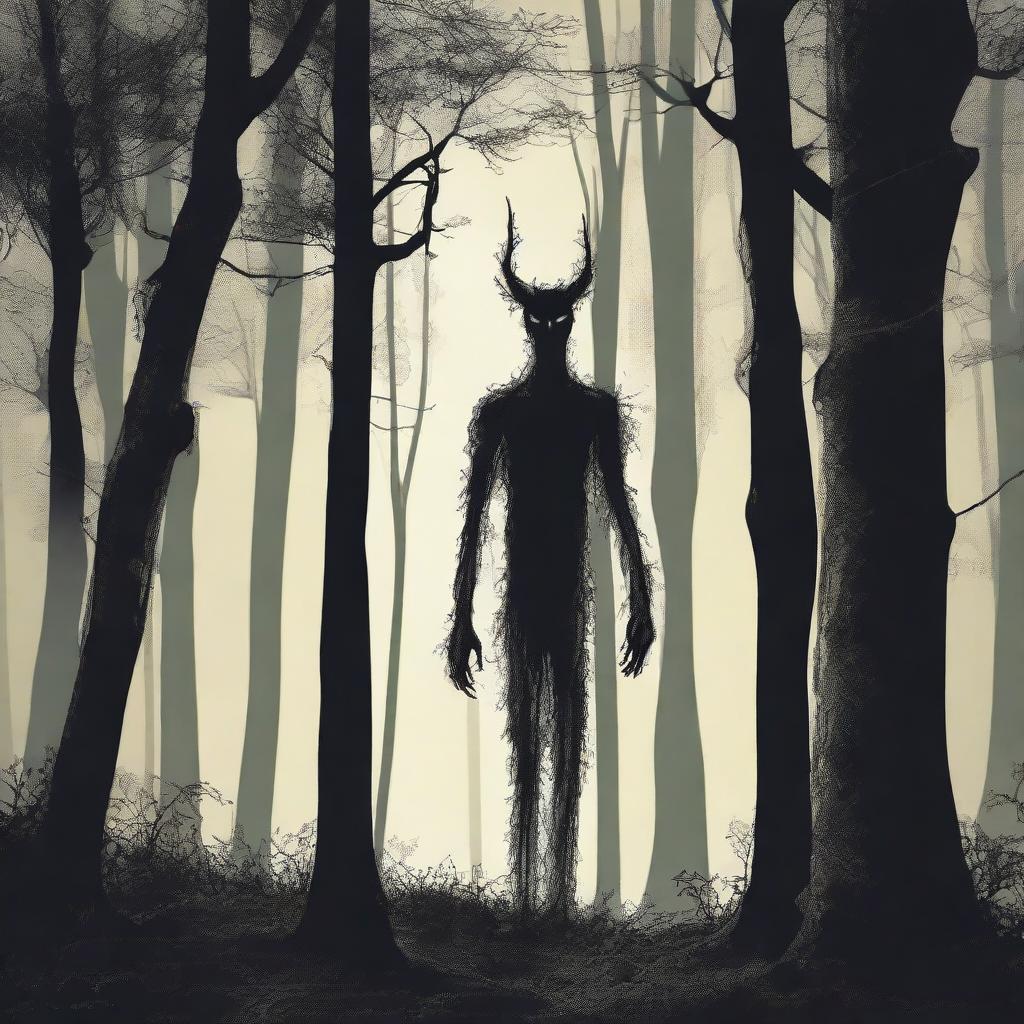 A creepy Hidebehind, a mythical creature known for its skinny and hairy appearance, hiding behind trees in a dense forest