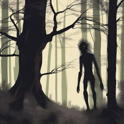 A creepy Hidebehind, a mythical creature known for its skinny and hairy appearance, hiding behind trees in a dense forest