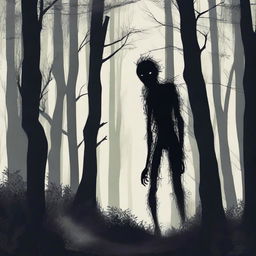 A creepy Hidebehind, a mythical creature known for its skinny and hairy appearance, hiding behind trees in a dense forest