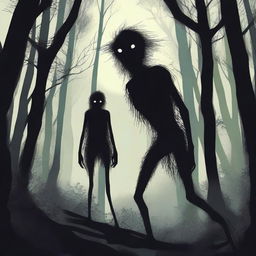 A creepy Hidebehind, a mythical creature known for its skinny and hairy appearance, hiding behind trees in a dense forest