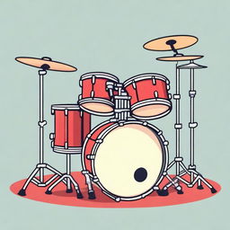 A detailed illustration of a musical drum set, featuring various drums, cymbals, and stands