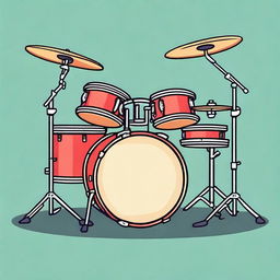 A detailed illustration of a musical drum set, featuring various drums, cymbals, and stands