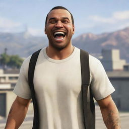 A character from GTA 5 laughing joyfully