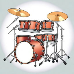 A detailed illustration of a musical drum set, featuring various drums, cymbals, and stands