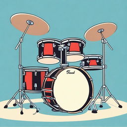 A detailed illustration of a musical drum set, featuring various drums, cymbals, and stands