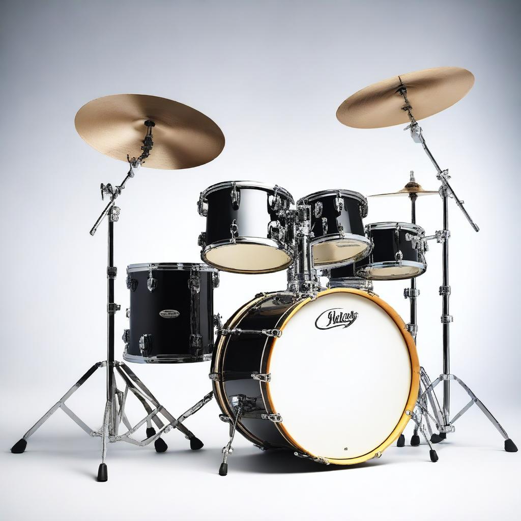 A high-resolution photograph of a musical drum set, featuring various drums, cymbals, and stands