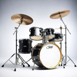 A high-resolution photograph of a musical drum set, featuring various drums, cymbals, and stands