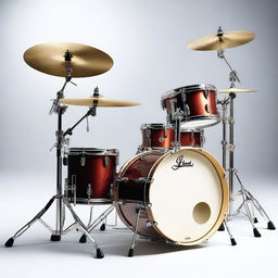 A high-resolution photograph of a musical drum set, featuring various drums, cymbals, and stands