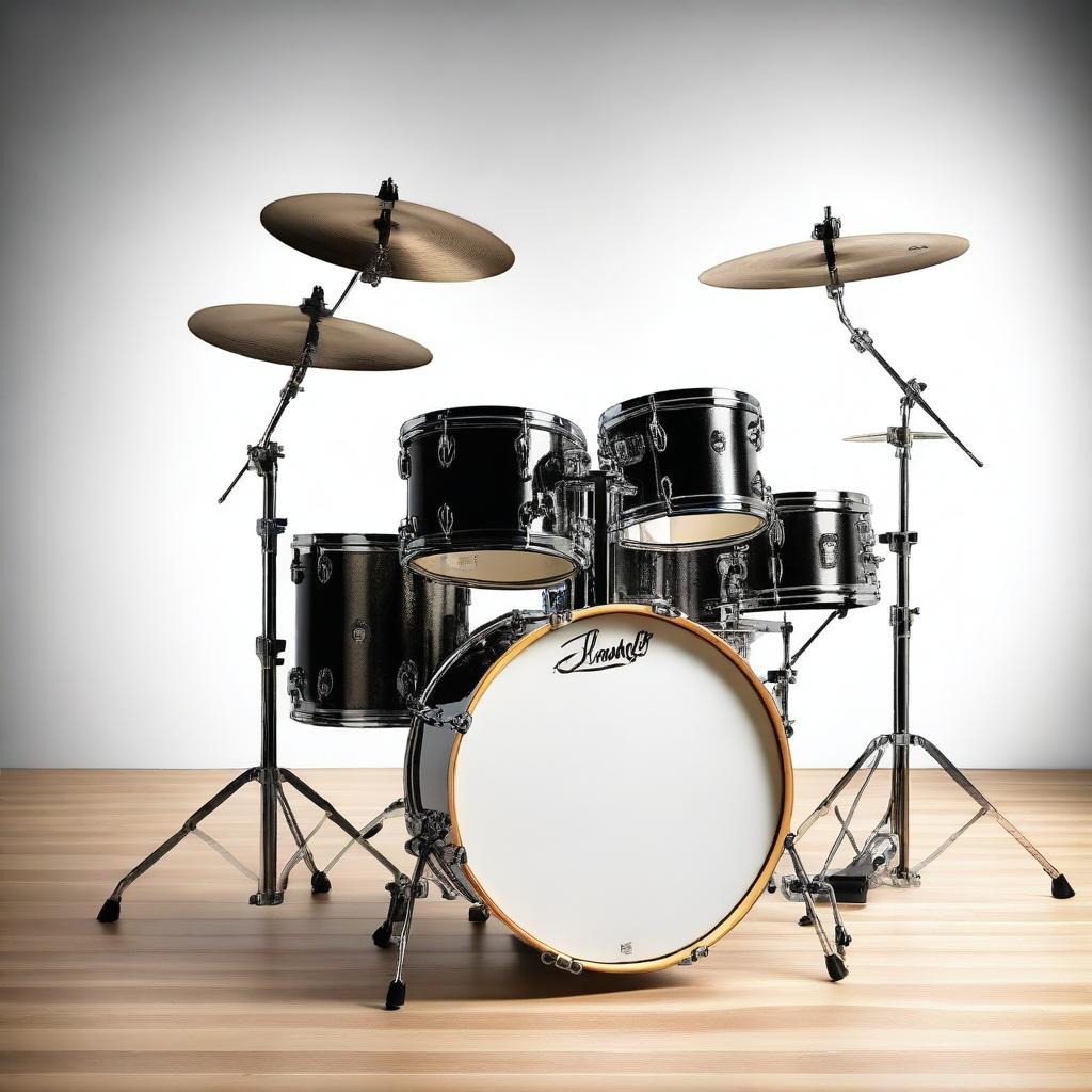 A high-resolution photograph of a musical drum set, featuring various drums, cymbals, and stands