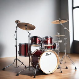 A high-resolution photograph of a musical drum set, featuring various drums, cymbals, and stands