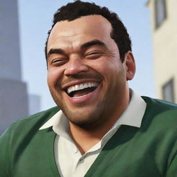 A character from GTA 5 laughing joyfully