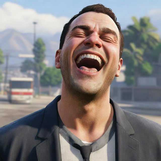 A character from GTA 5 laughing joyfully