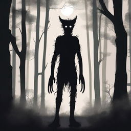 A creepy Hidebehind, a mythical creature known for its skinny and hairy appearance, hiding behind trees in a dense forest