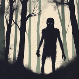 A creepy Hidebehind, a mythical creature known for its skinny and hairy appearance, hiding behind trees in a dense forest