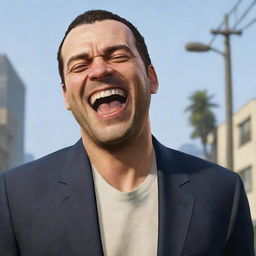 A character from GTA 5 laughing joyfully