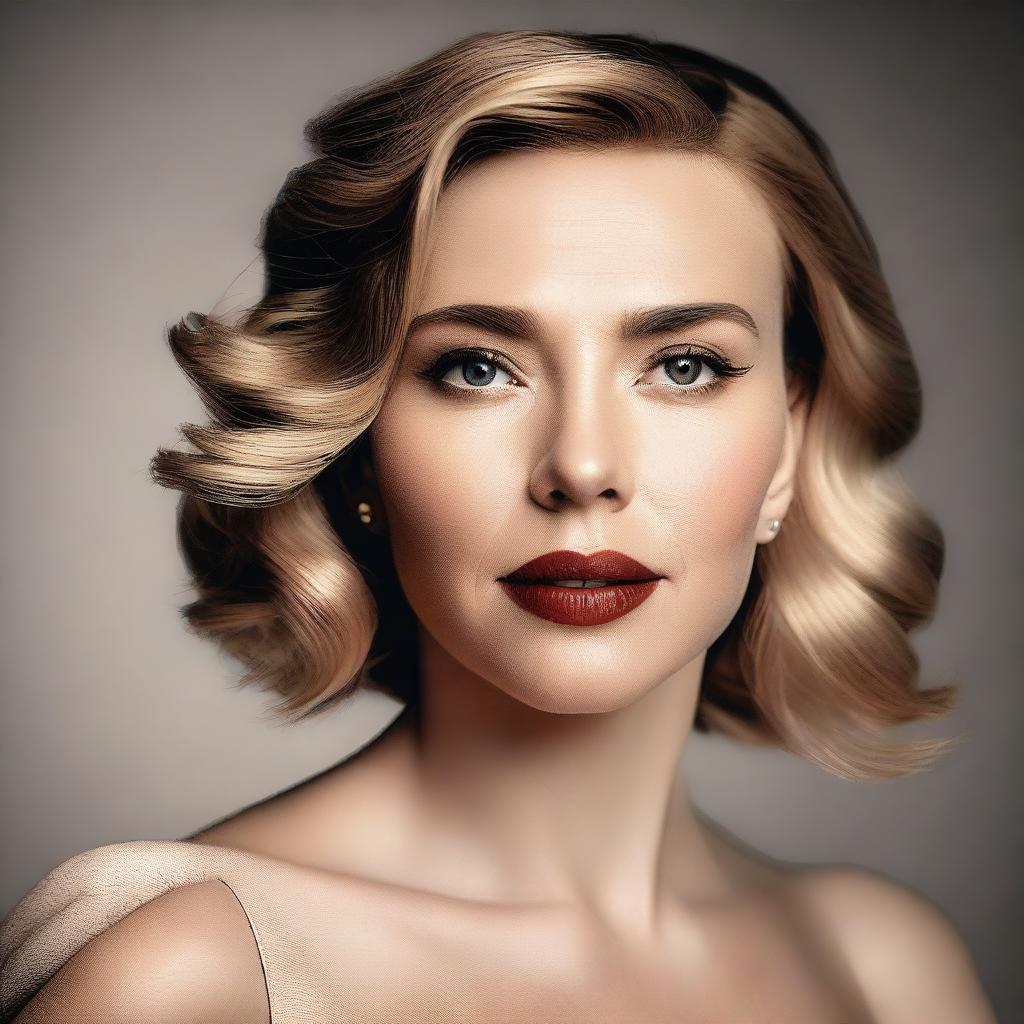 A high-quality portrait of Scarlett Johansson, capturing her elegance and beauty with a neutral background