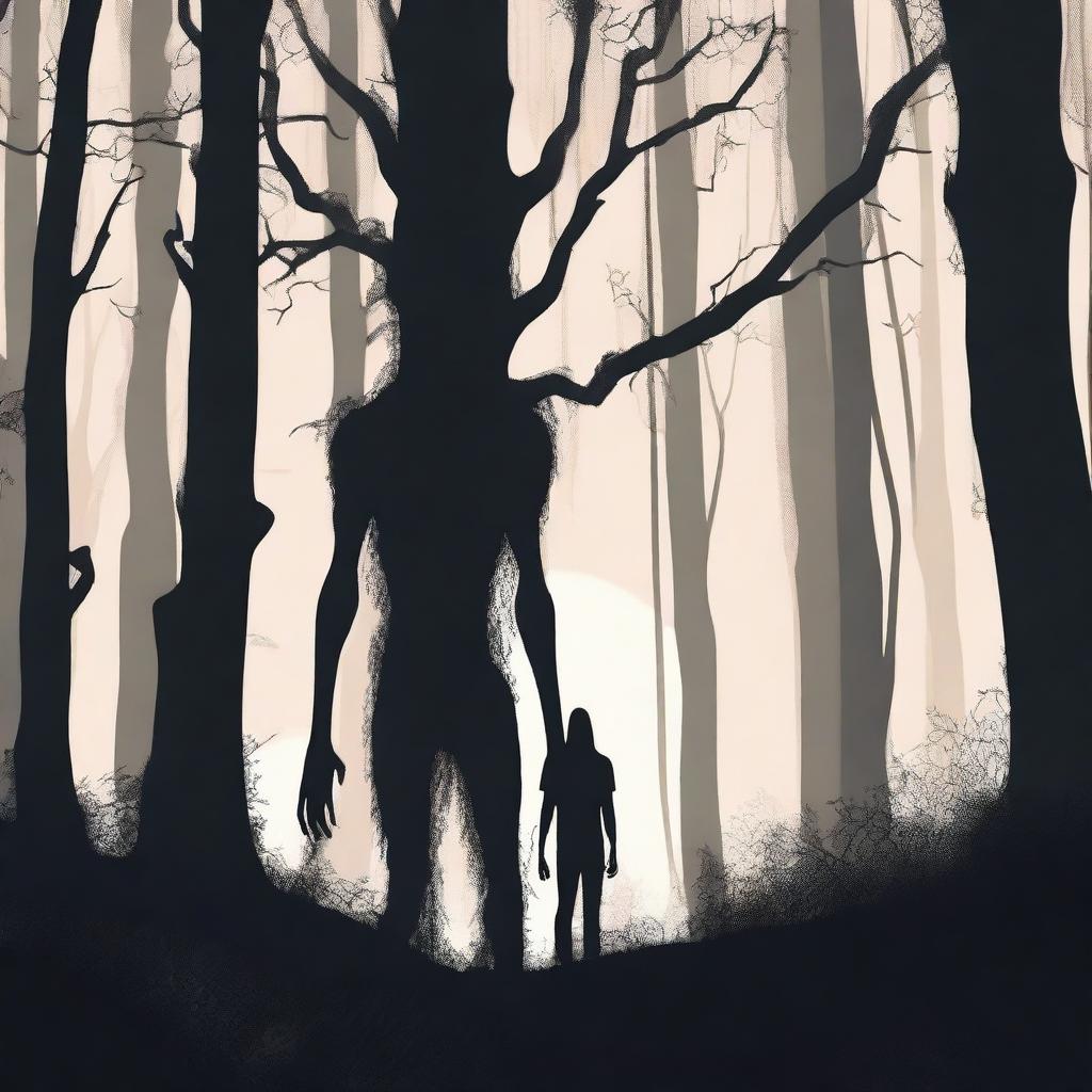 A creepy Hidebehind, a mythical creature known for its skinny and hairy appearance, hiding behind trees in a dense forest