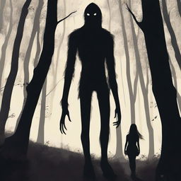 A creepy Hidebehind, a mythical creature known for its skinny and hairy appearance, hiding behind trees in a dense forest