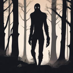 A creepy Hidebehind, a mythical creature known for its skinny and hairy appearance, hiding behind trees in a dense forest